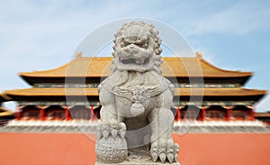 Chinese Imperial Lion Statue with Palace Forbidden city (Beijin