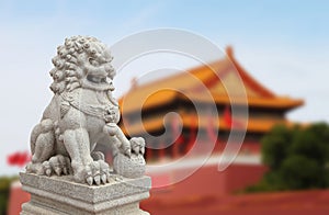Chinese Imperial Lion Statue with Palace Forbidden city (Beijin photo