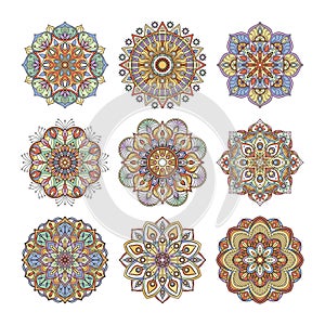 Chinese and indian floral pattern. Color indian mandalas set. Yoga illustrations isolate on white background