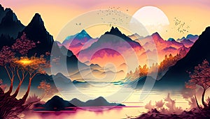 Abstract colorful Chinese inkwash painting and Majestic mountain range on digital art concept, Generative AI