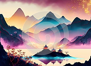 Abstract colorful Chinese inkwash painting and Majestic mountain range on digital art concept, Generative AI