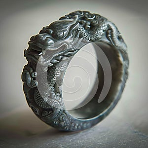 Chinese jade ring. Han period. Dark grey jade with blakish clouding, decorated with dragons in relief.