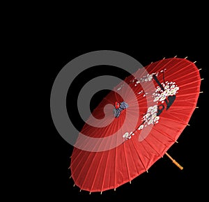 Chinese, Japanese, Oriental red umbrella on black background