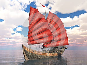 Chinese junk ship in the open sea