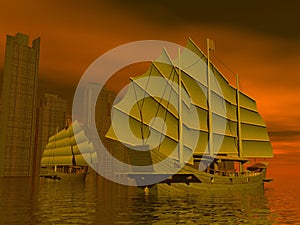 Chinese junk ships - 3D render