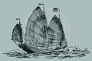 Chinese junk on wavy sea