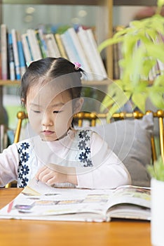 Chinese kid reading picture book in library