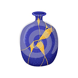 Chinese Kintsugi art. Ceramic vase in Asian oriental style. Eastern reborn repaired broken pottery, porcelain decorated