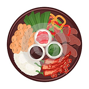 Chinese, Korean, Japanese food. Traditional oriental dish closeup with rice, meat, chilli pepper, soya beans, figs, sauce,