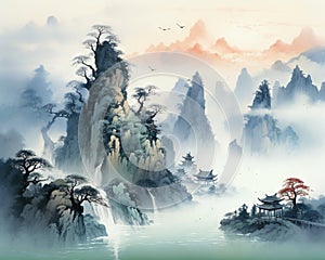 Chinese kung fu landscape is an artwork that depicts a serene Chinese.