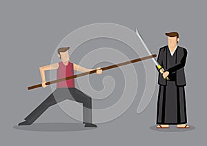 Chinese Kungfu Versus Japanese Kendo Martial Arts Sparring Vector Illustration