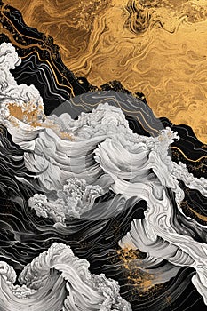 Chinese landscape with dense black and white lines forming mountains and rivers with a gold background