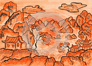 Chinese landscape in orange, painting