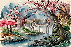 Chinese landscape painting cherry blossom print art Japanese