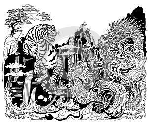 Chinese landscape with Tiger and Asian Dragon at the Waterfall. Illustration