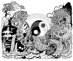 Chinese landscape with Tiger and Dragon at the Waterfall. Yin Yang. Black and white