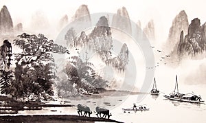 Chinese landscape watercolor painting