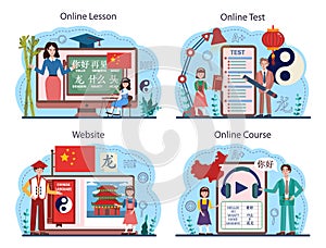 Chinese language learning online service or platform set. Language school