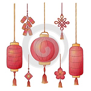 Chinese lantern and tassel painted with watercolors