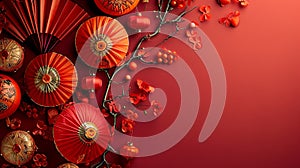 Chinese lanterns,hand fan and Chinese umbrella on Background with copy space.