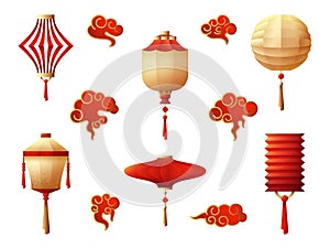 Chinese lanterns. Hanging lantern, red gold night lights. Holiday traditional asian symbols, japanese korean lamps and clouds