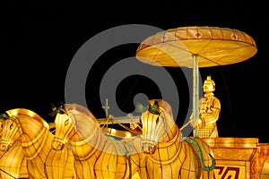 Chinese lanterns installation with warrior figure riding carriage with horses