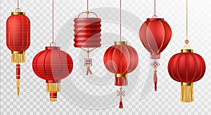 Chinese lanterns. Japanese asian new year red lamps festival 3d chinatown traditional realistic element vector set photo
