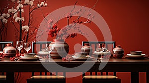 Chinese Lanterns Surround Exquisite Chinese Tableware Placed On A Table Covered with a Red Cloth On Background Blur