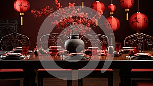 Chinese Lanterns Surround Exquisite Chinese Tableware Placed On A Table Covered with a Red Cloth On Background Blur