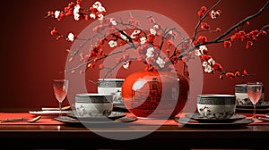 Chinese Lanterns Surround Exquisite Chinese Tableware Placed On A Table Covered with a Red Cloth On Background Blur