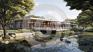 Chinese library is situated in the countryside, surrounded by rivers and older, Scandinavian architecture design, minimalist