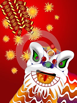 Chinese Lion Dance Head Firecrackers Illustration
