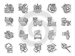 Chinese lion dance line icon set. Included the icons as performances, musician, lion dance, dragon dance, celebration and more.