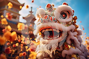 Chinese lion dance show in Chinese New Year festival