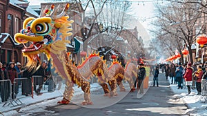 Chinese lion dance show on street in the Chinese New Year festival. Chinese lion costume used during Chinese New Year