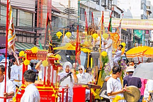 Chinese lion dance at Yaowarat or Bangkok Chinatown street during chinese vegetarian festival