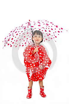 Chinese Little Girl Holding umbrella with raincoat