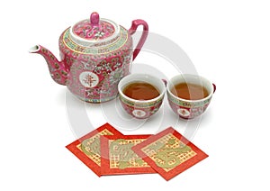 Chinese longevity tea set and red packets