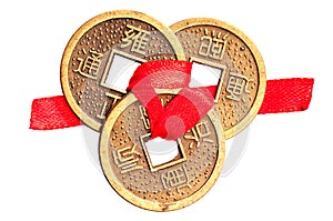 Chinese lucky coins on white