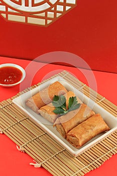Chinese Lumpia or Vegetable Spring Roll with Sweet Spicy Sauce