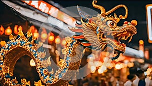 chinese lunar celebration: dragon-themed night market adorned with lanterns and sparkling decoration