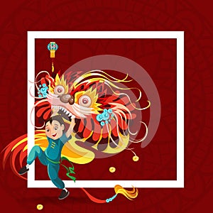 Chinese Lunar New Year Lion Dance Fight isolated on red background, happy dancer in china traditional costume holding