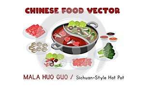 Chinese Mala Huo Guo - Sichuan-style Hot Pot flat vector illustration clipart cartoon. Asian food. Chinese cuisine. Chinese food