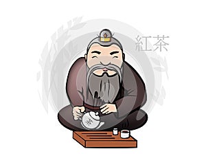 Chinese man asian / japan Tea master at the tea ceremony. The character associated with black tea puerh. Vector illustration o