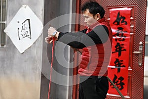 Chinese man Firecrackers on New Year`s Day