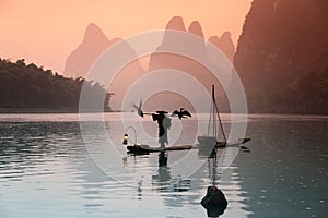 Chinese man fishing with cormorants birds photo