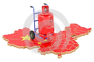 Chinese map with propane gas cylinder on hand truck. Gas Delivery Service in China, concept. 3D rendering