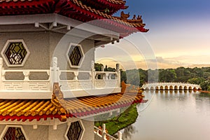 Chinese marble bridge temples reflecting in the lake in the Chin
