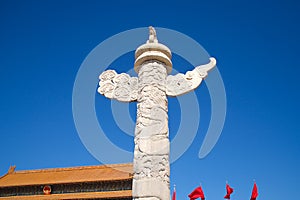 Chinese Marble Ornamental Pillar Standing In Tiananmen Square In Beijing, China