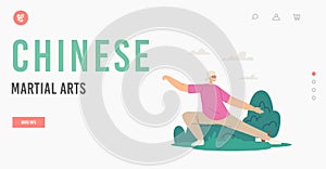 Chinese Martial Arts Landing Page Template. Elderly Woman Tai Chi Exercises, Class for Senior People. Outdoor Exercising